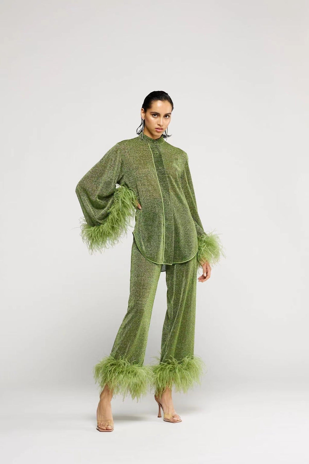 Valenzora | Autumn Winter Feather Stand-up Collar Long Sleeve Top and Trousers Set