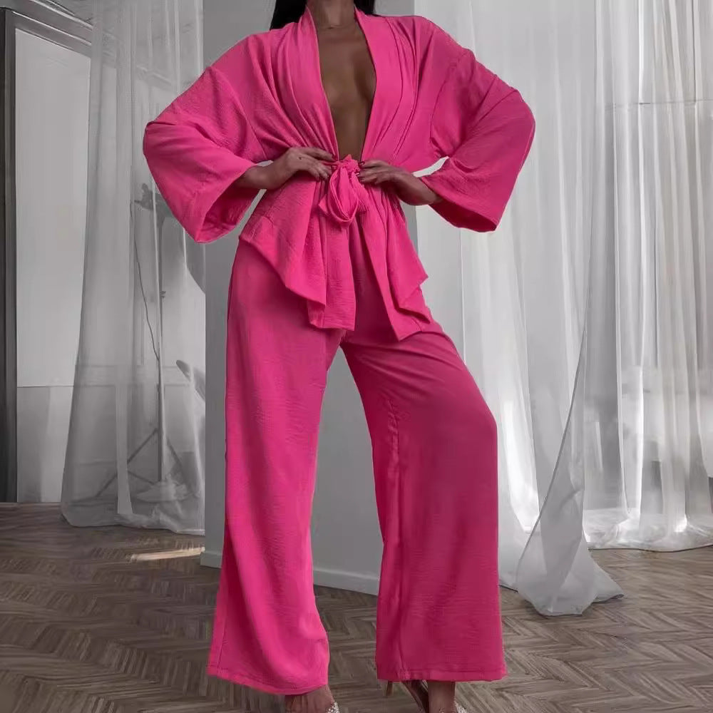 Women's casual kimono set with a wide cut and elastic waistband, size S