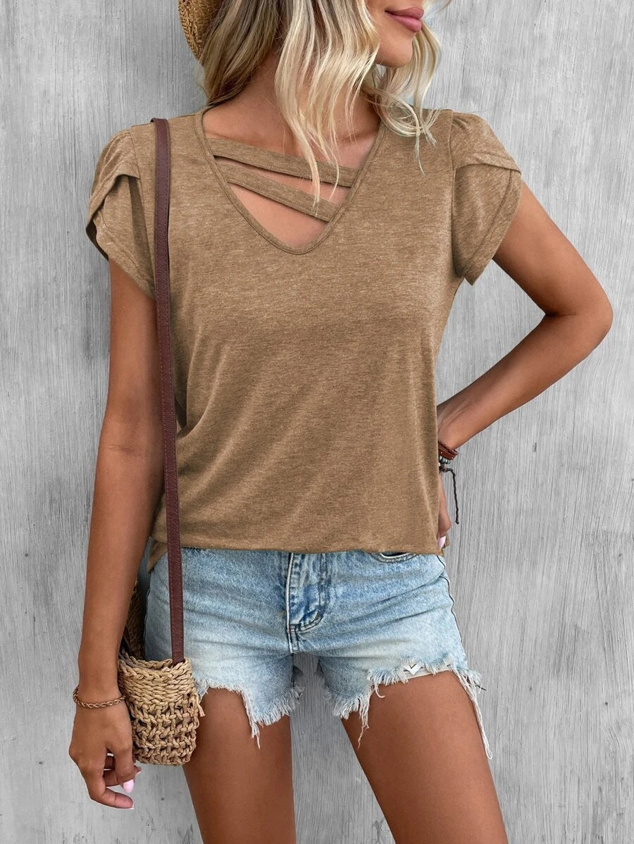 Damen-Freizeit-T-Shirt mit kurzen Ärmeln, einzigartigem Kreuzhals, Größe