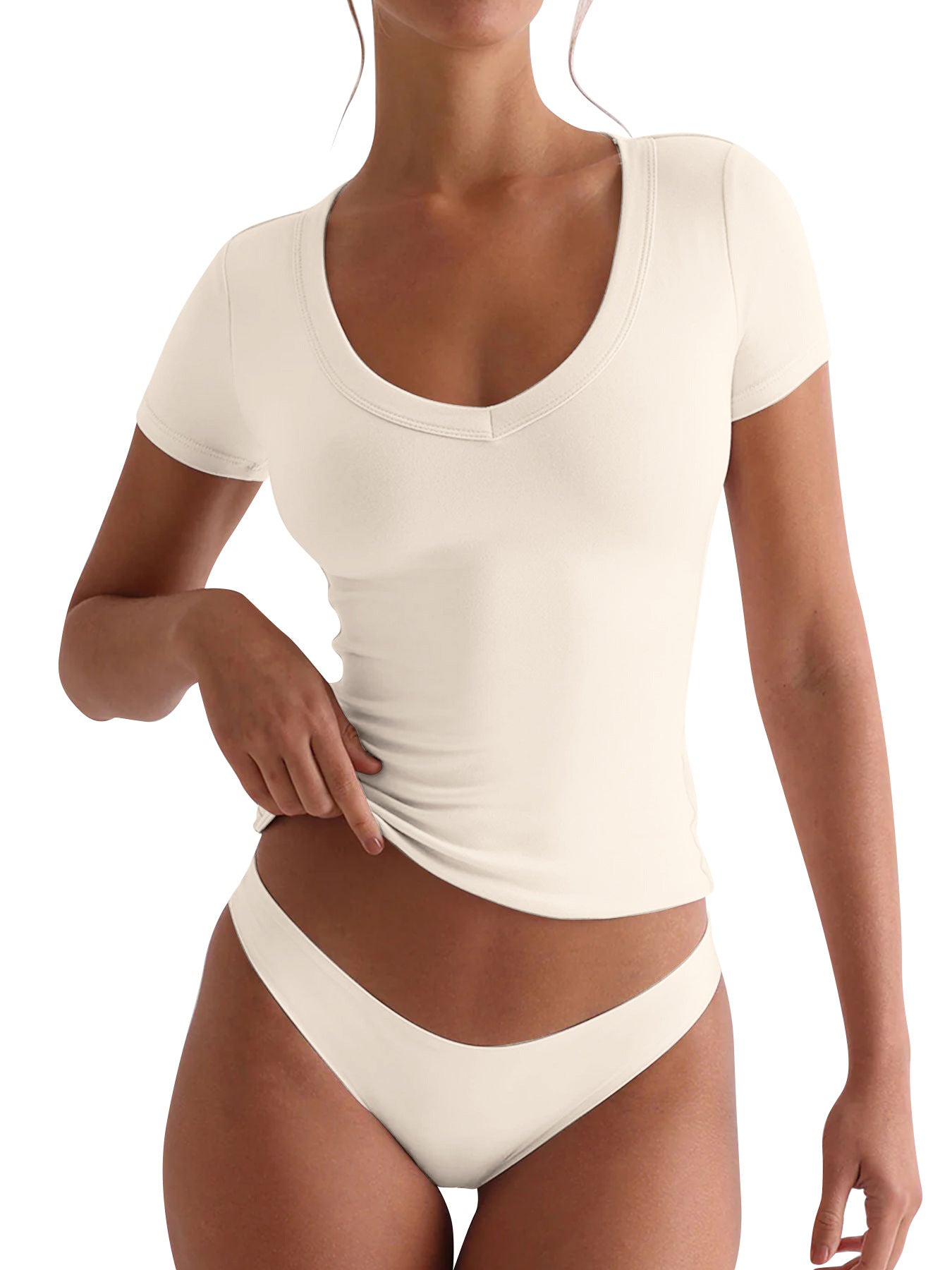 Tailliertes Damen-V-Neck-T-Shirt mit kurzen Ärmeln, Größe
