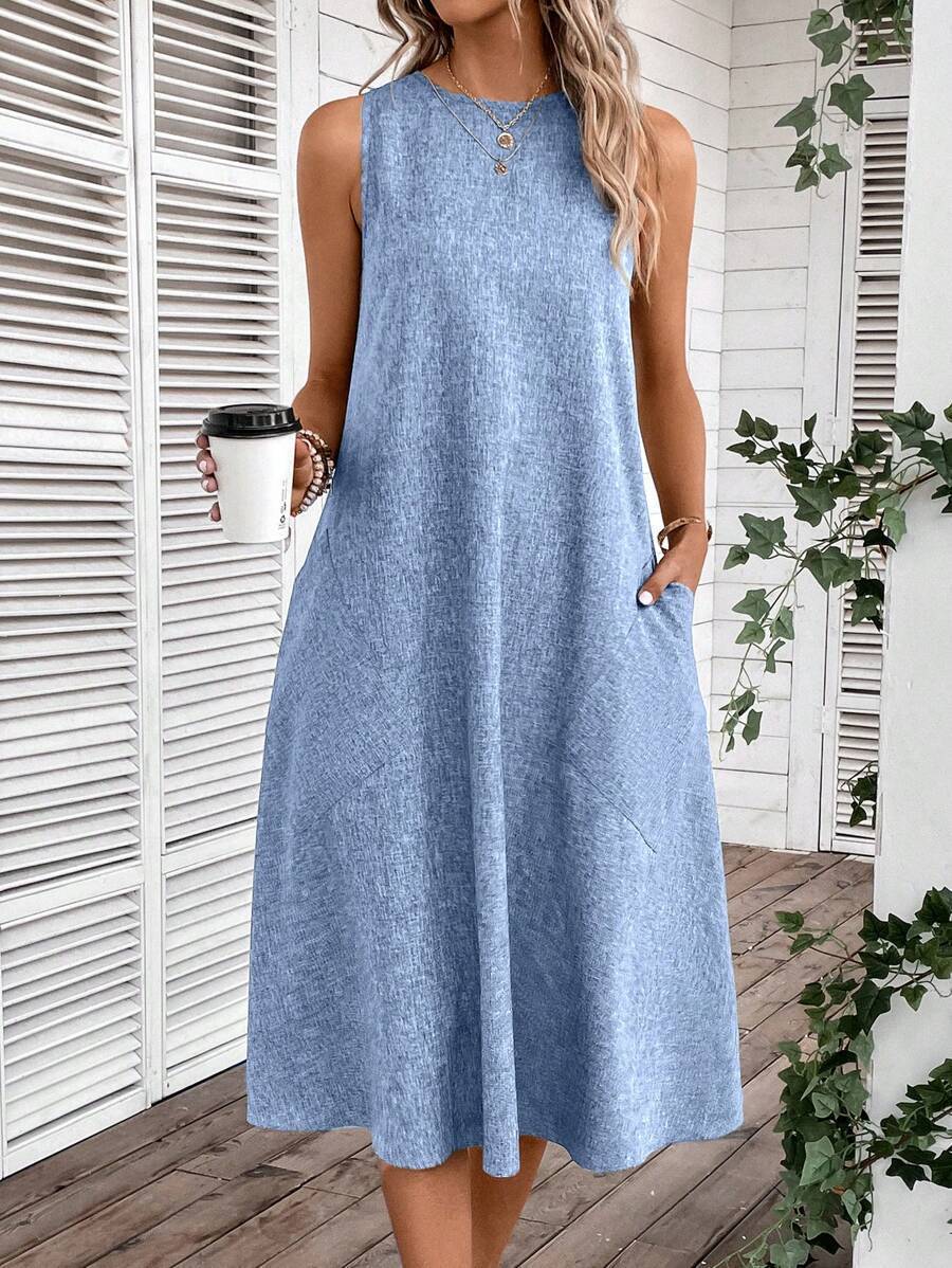 Damen Midi-Freizeitkleid mit tiefem Ausschnitt und praktischen Taschen, Größe S