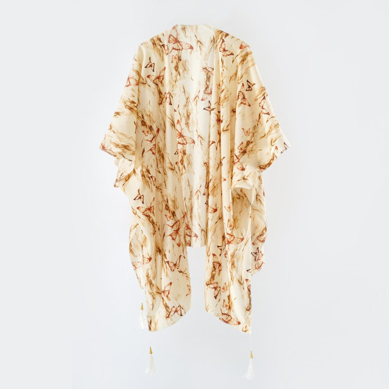 Eleganter Damen-Kimono mit künstlerischem Blumenmuster und Fransen, Größe Valenzora