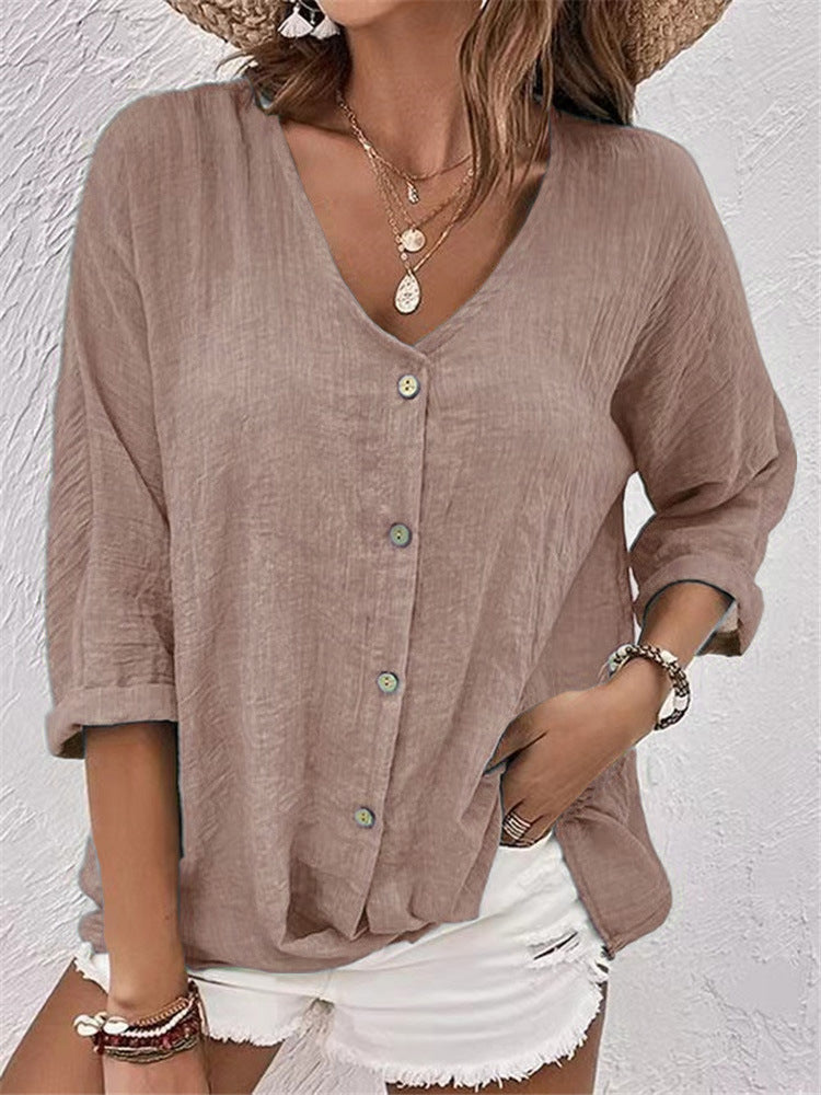 Women's casual blouse with button placket and V-neck, size