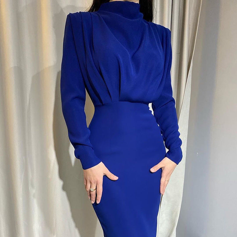 Women's elegant midi dress with high neckline design and draping, size S