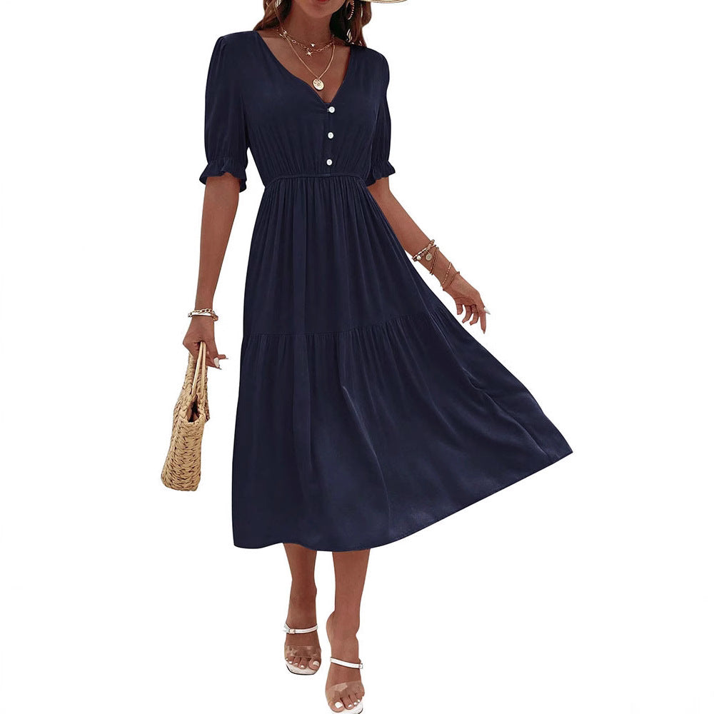 Damen-Midikleid mit geknöpftem V-Ausschnitt und luftigen Puffärmeln, Größe
