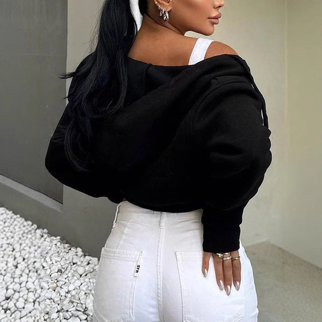 Women's cropped hoodie with zipper and relaxed fit, size