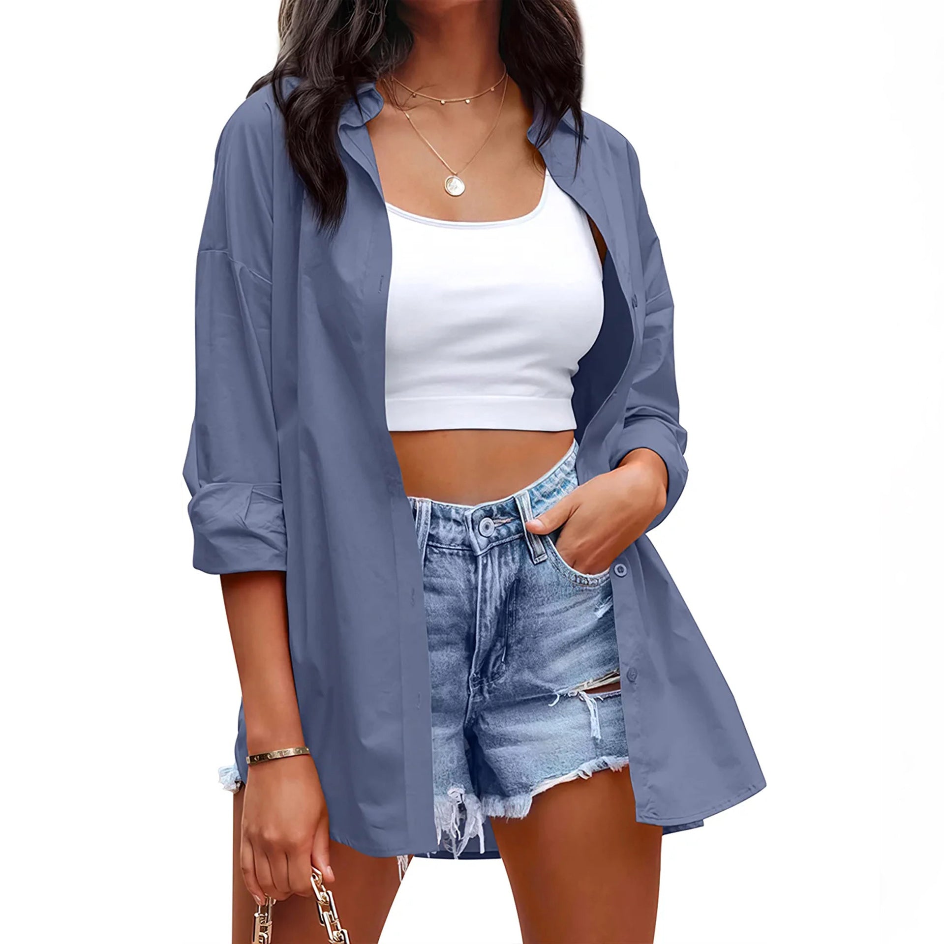 Women's casual linen blouse with long sleeves and button placket, size S