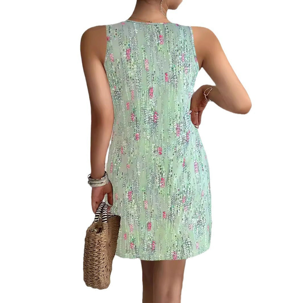 Damen ärmelloses Blusenkleid mit floralem Design und modischen Knopfdetails Drune