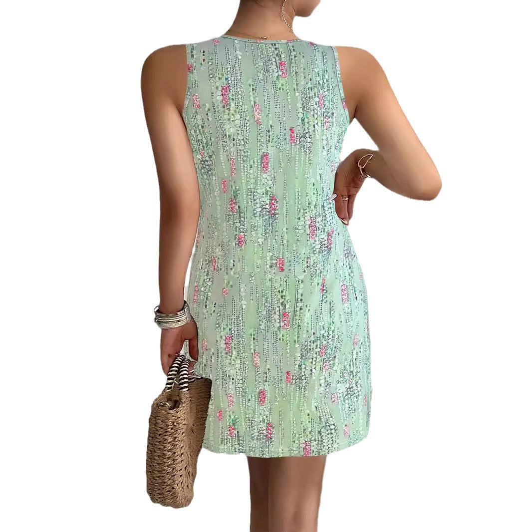 Damen ärmelloses Blusenkleid mit floralem Design und modischen Knopfdetails Drune
