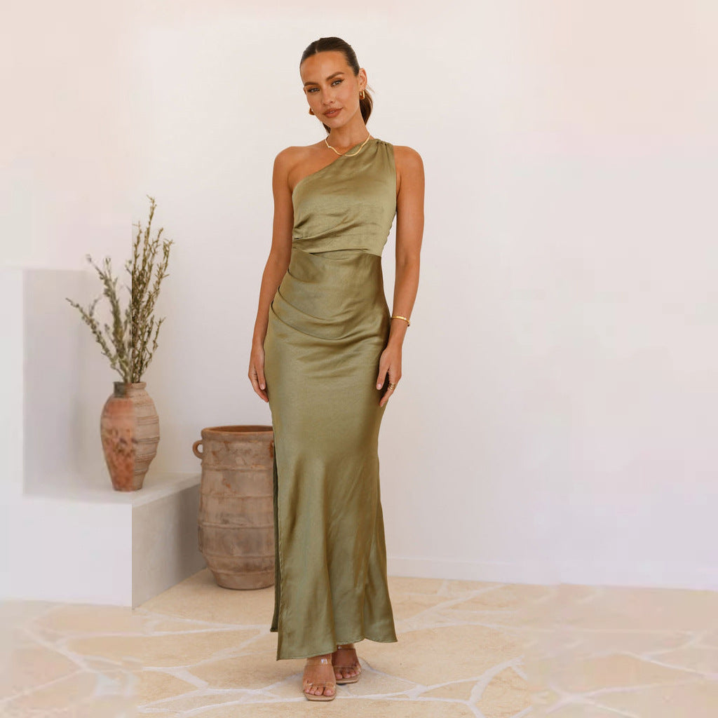 Women's sheath dress with asymmetrical neckline and flowing cut, size