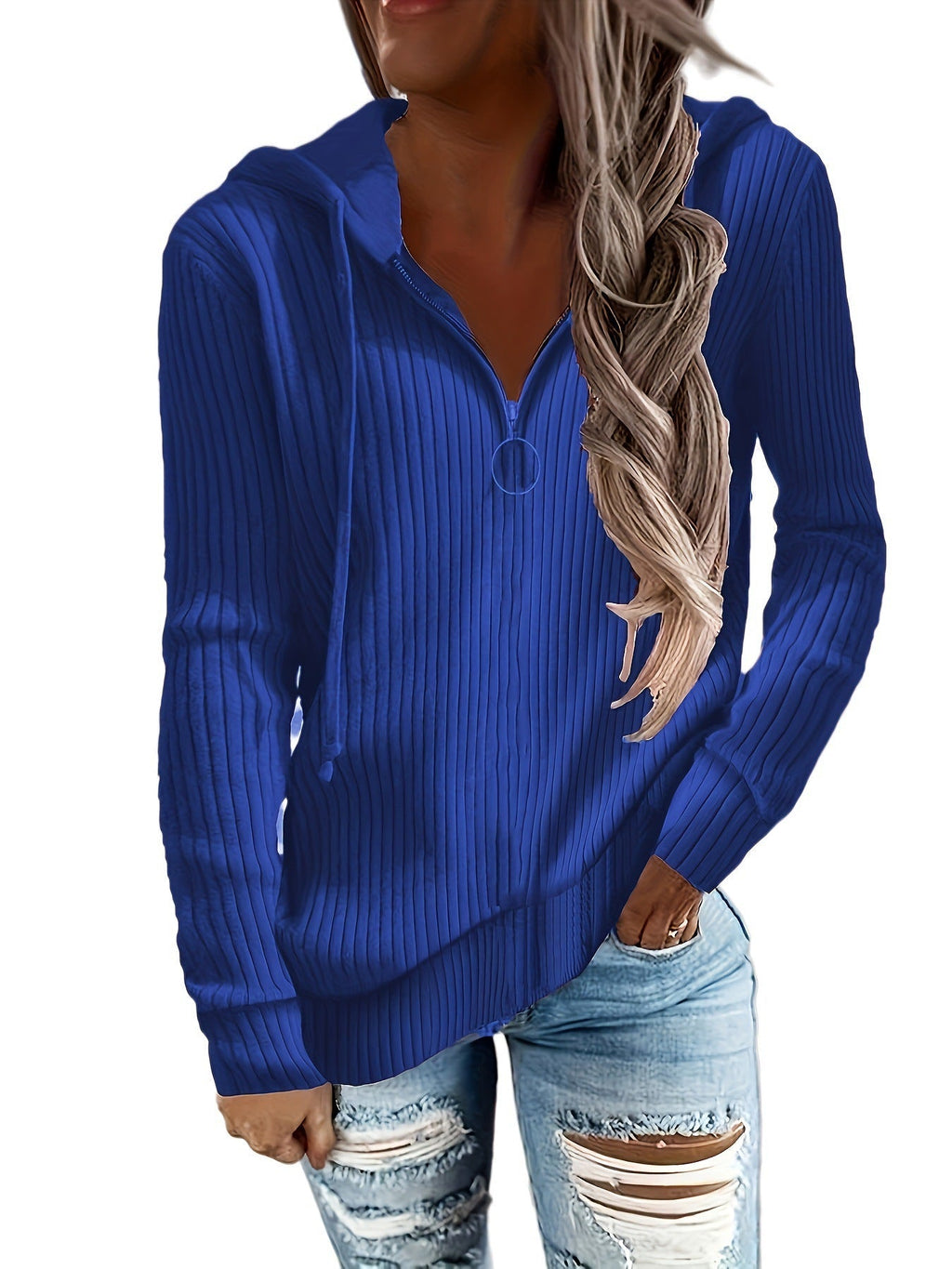 Women's hooded sweatshirt in an elegant ribbed design with a practical zipper, size [size missing]