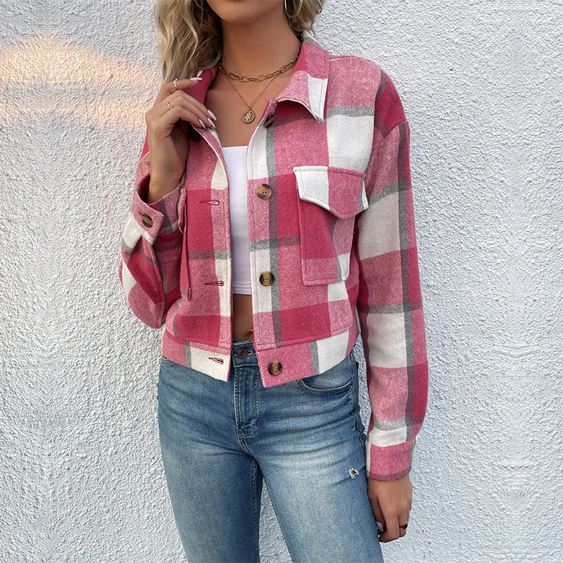 Damen Blousonjacke kariert mit Zierknöpfen und Brusttaschen, Größe