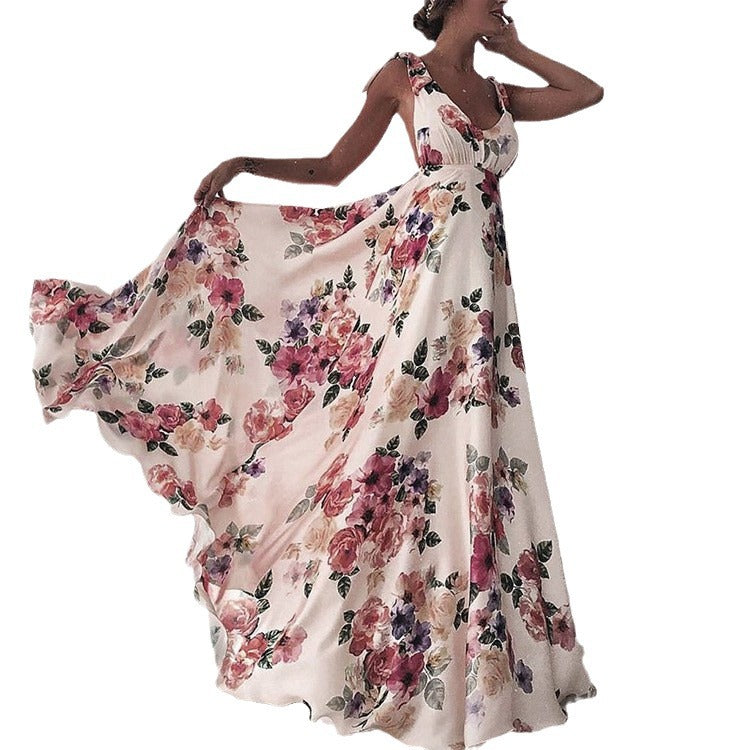 Valenzora | Printed long-sleeved spaghetti strap dress with a wide hem