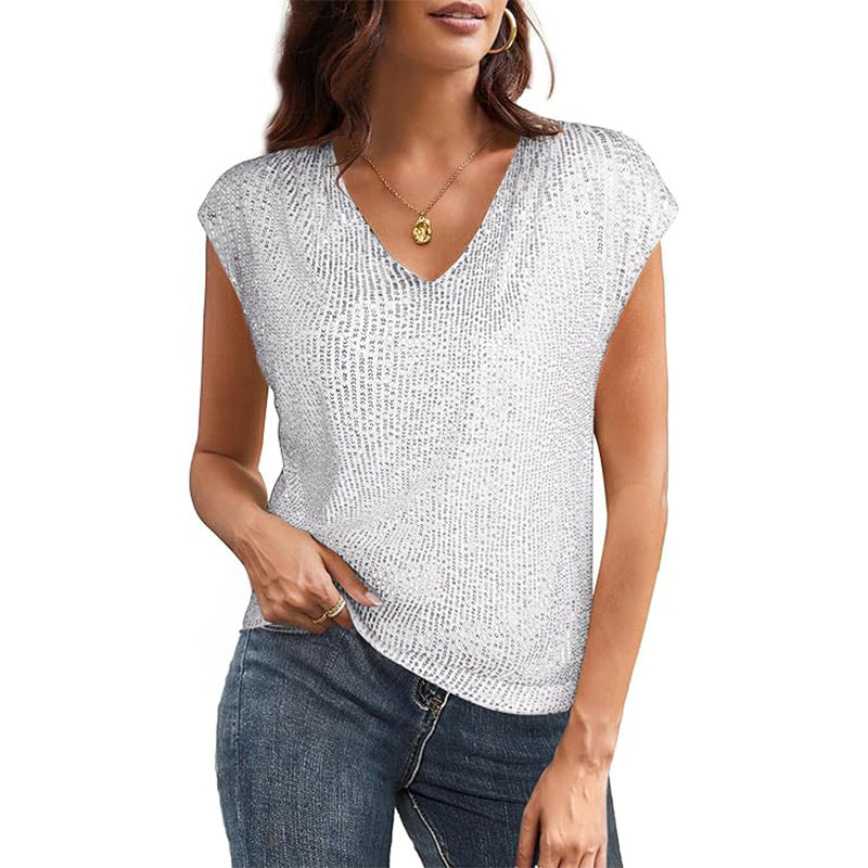 Women's glittery top with a V-neck and loose fit, size [size missing]