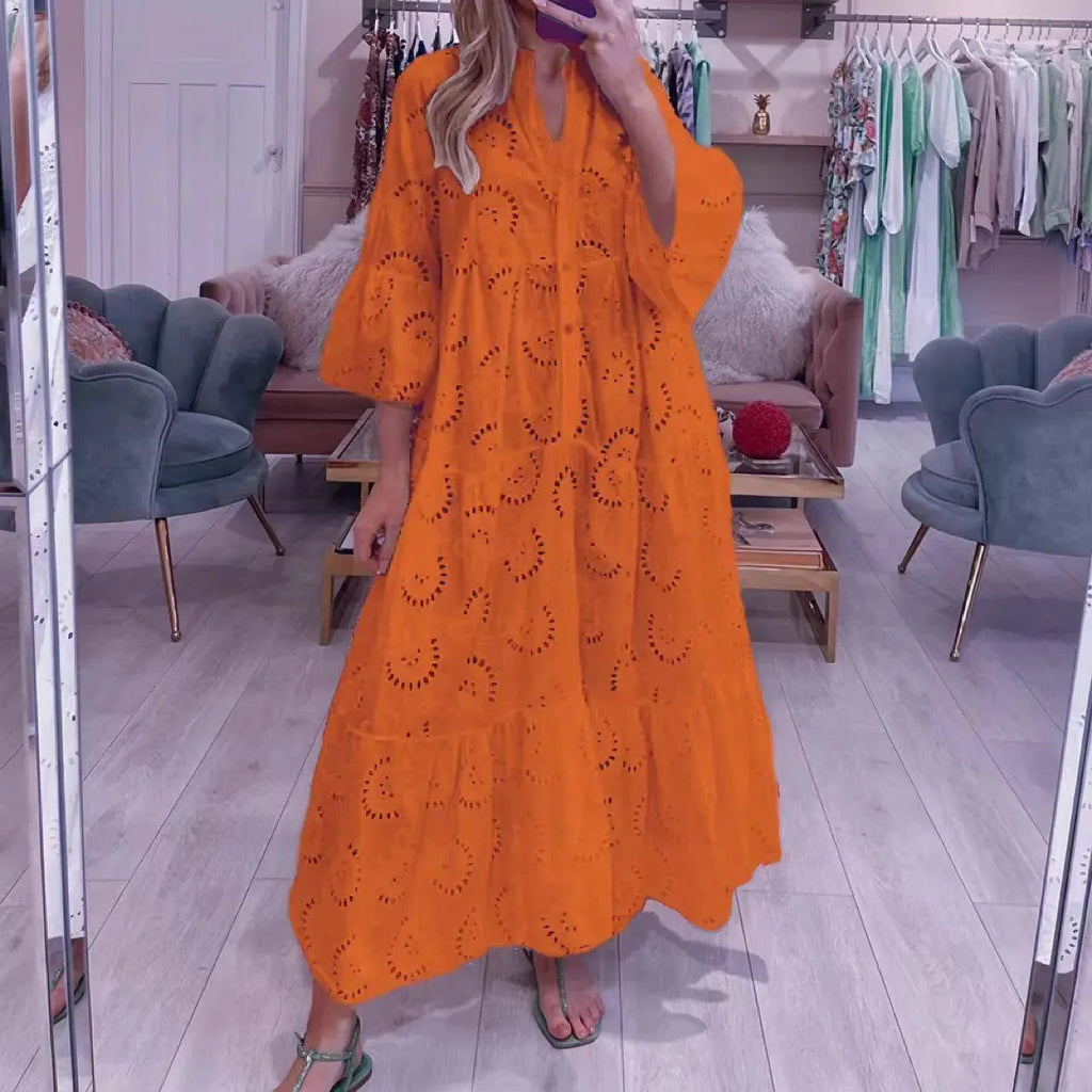 Valenzora | Damen V-Ausschnitt Maxi-Kleid im französischen Stil
