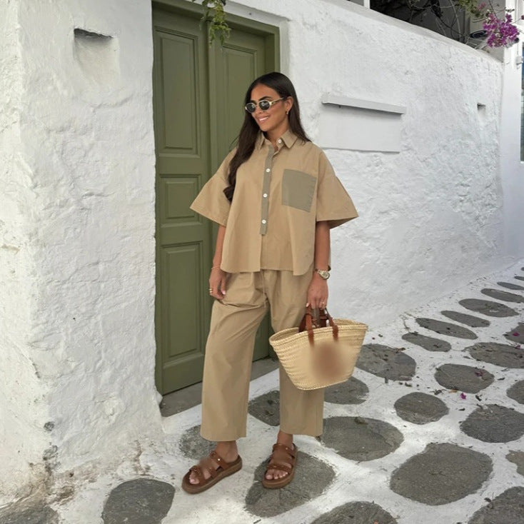 Women's casual two-piece suit with a chic shirt and wide-legged trousers, size [size missing]