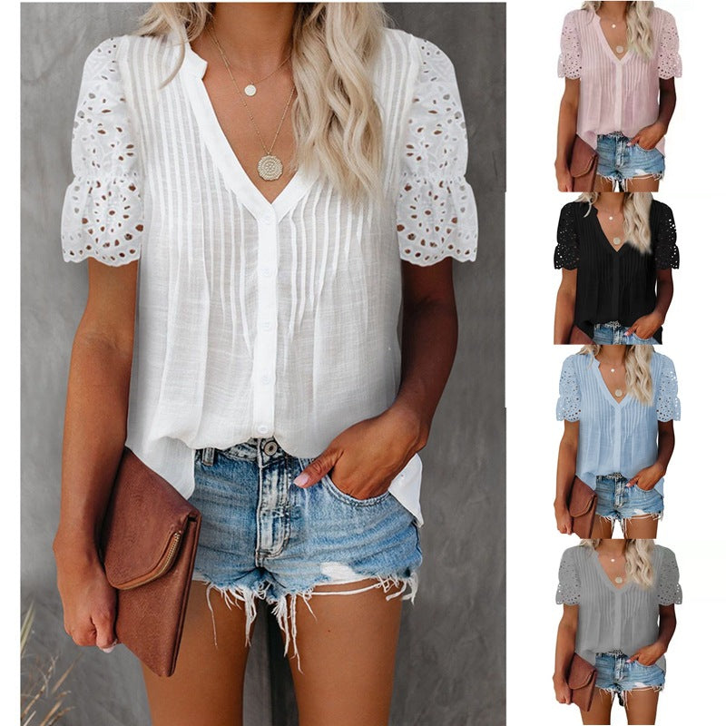 Women's blouse with sophisticated fabric details and lace sleeves, size