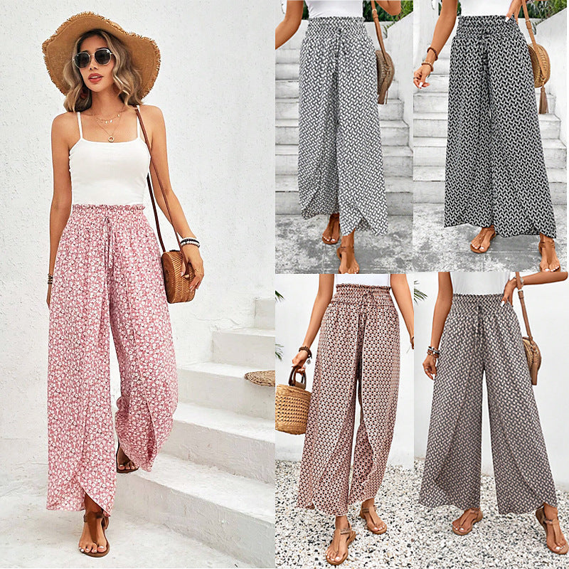 Damen-Sommerhose mit weitem Bein, elastischem Bund und Blumenmuster, Größe S