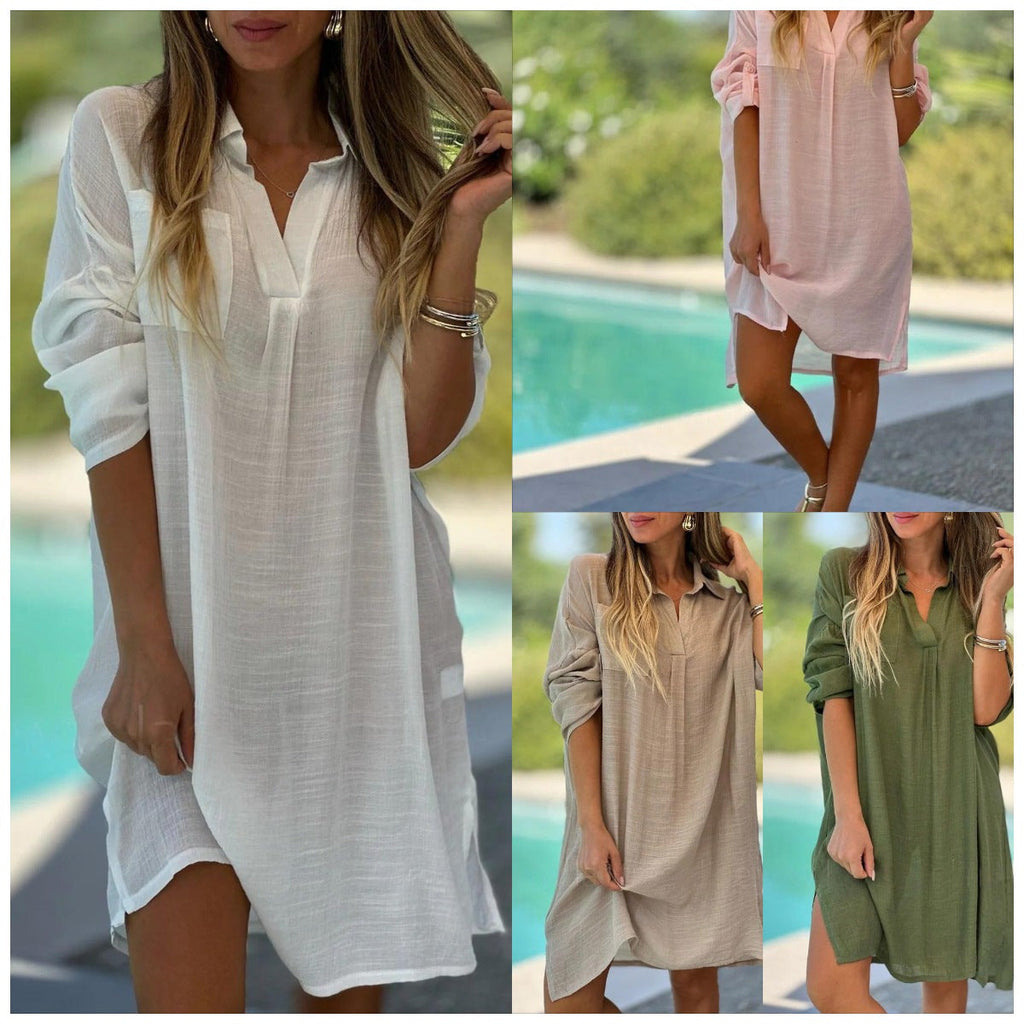 Women's airy summer dress with elegant stand-up collar