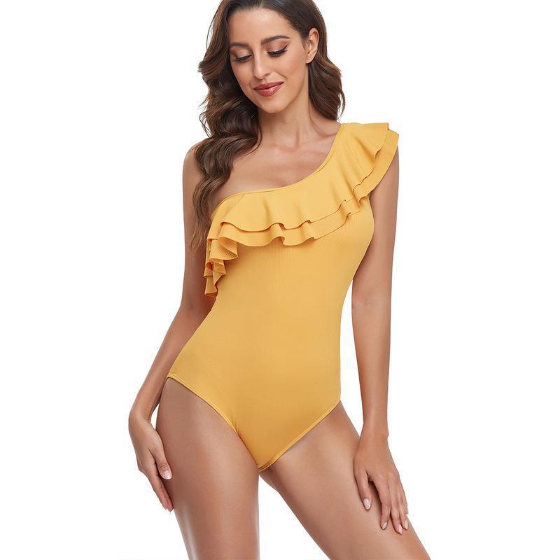 Damen-Badeanzug mit asymmetrischem Schnitt und voluminösem Rüschendetail, Größe [size]