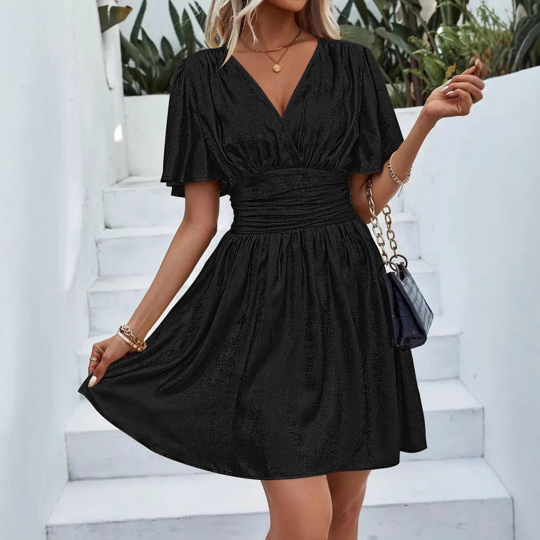 Damenabendkleid mit schimmerndem V-Ausschnitt und voluminösen Ärmeln, Größe S