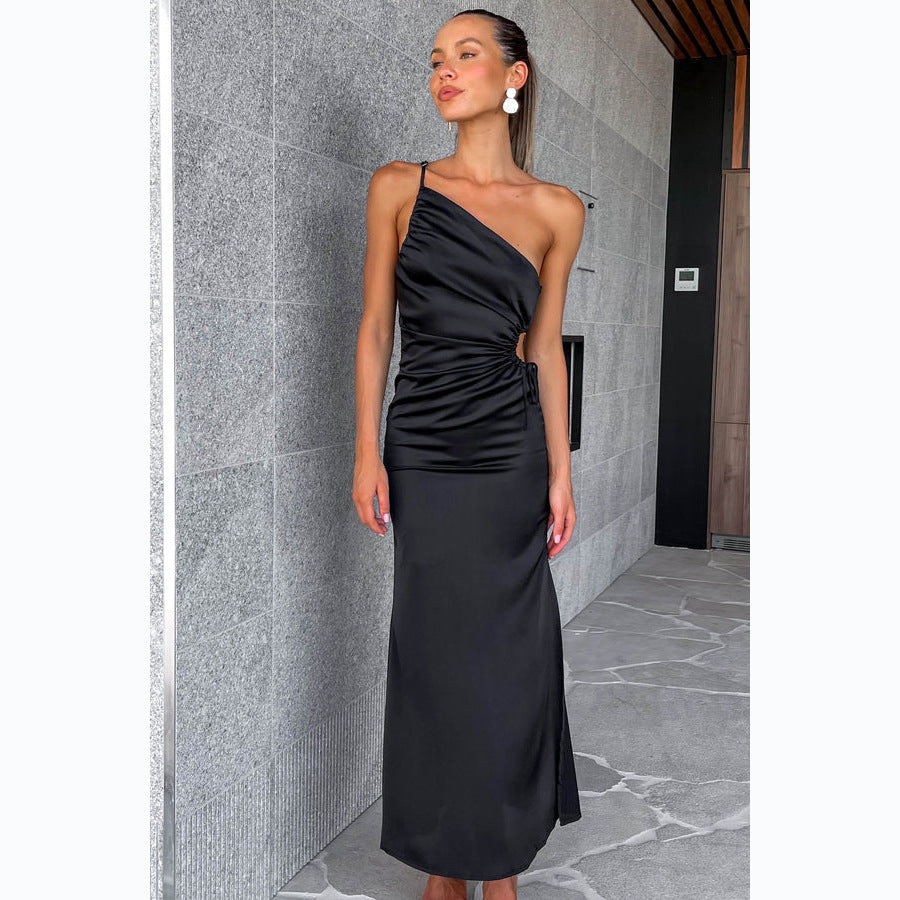 Women's asymmetrical cocktail dress with elegant side slit and embellished waist, size [size missing]