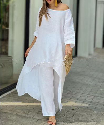 Valenzora | Irregular cotton-linen wide leg two-piece set