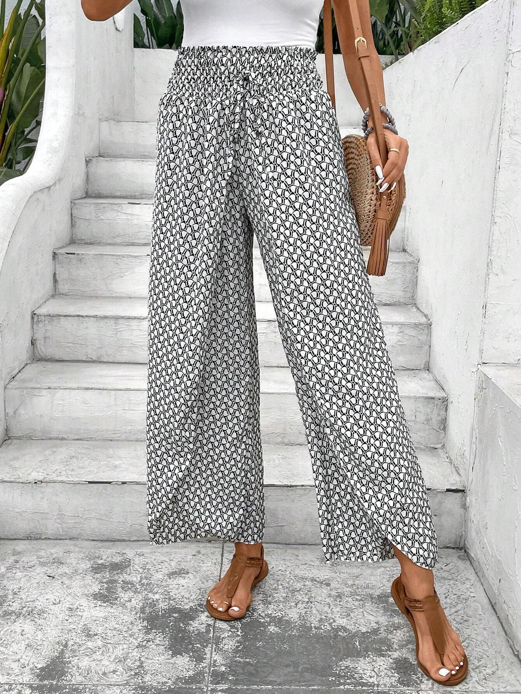 Damen-Sommerhose mit weitem Bein, elastischem Bund und Blumenmuster, Größe S