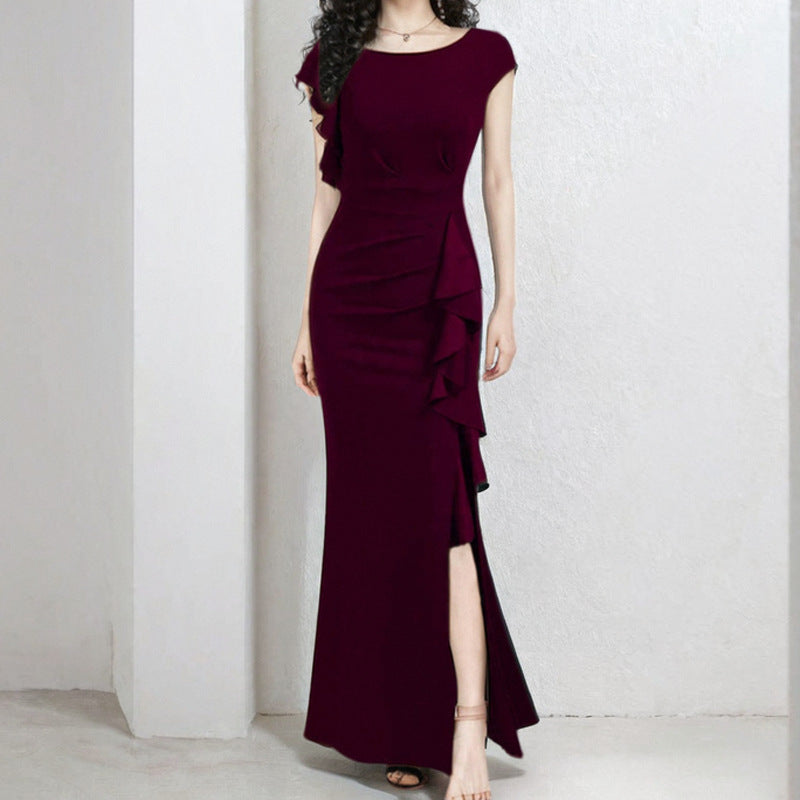 Women's sheath dress with asymmetrical ruffles and high slit, size [size]