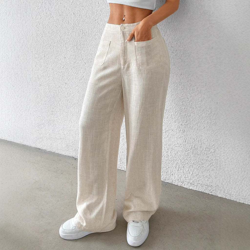 Women's wide linen trousers with elasticated waistband and practical pockets, size