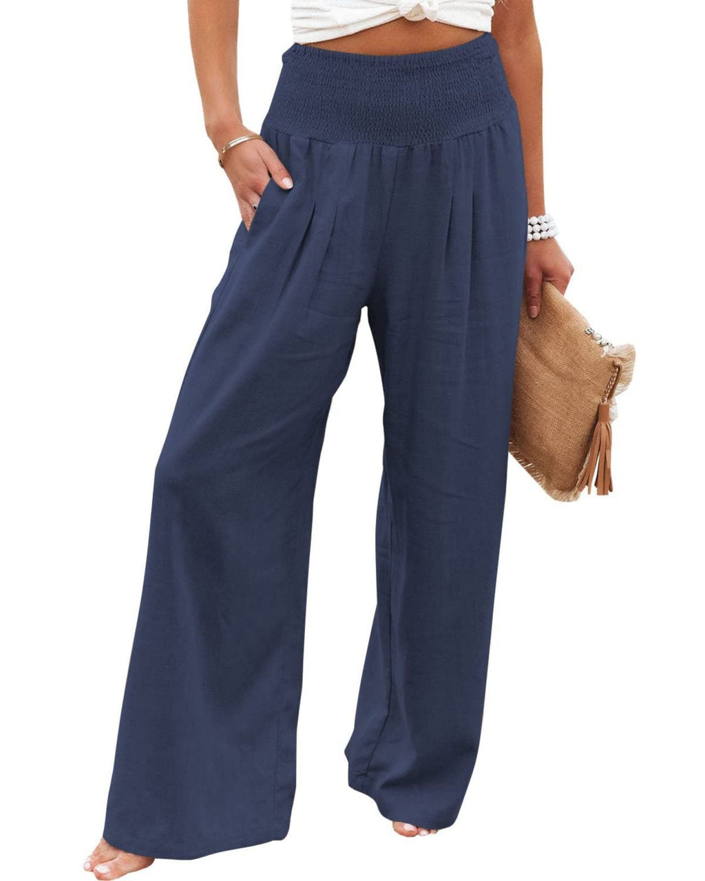 Damen-Leinenhose mit weitem Bein, elastischem Bund und Bundfalten, Größe