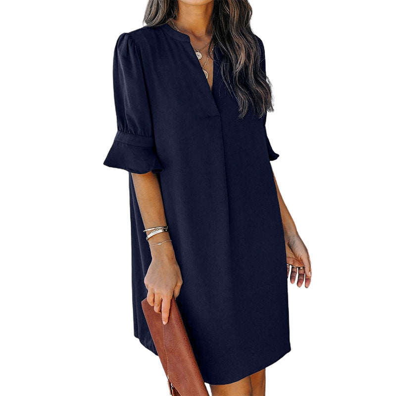 Women's elegant mini dress with a flattering V-neck and puff sleeves, size S
