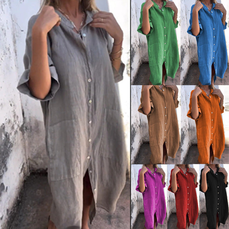 Valenzora | Lockeres, lässiges Hemdblusenkleid aus Baumwoll-Leinen mit halben Ärmeln