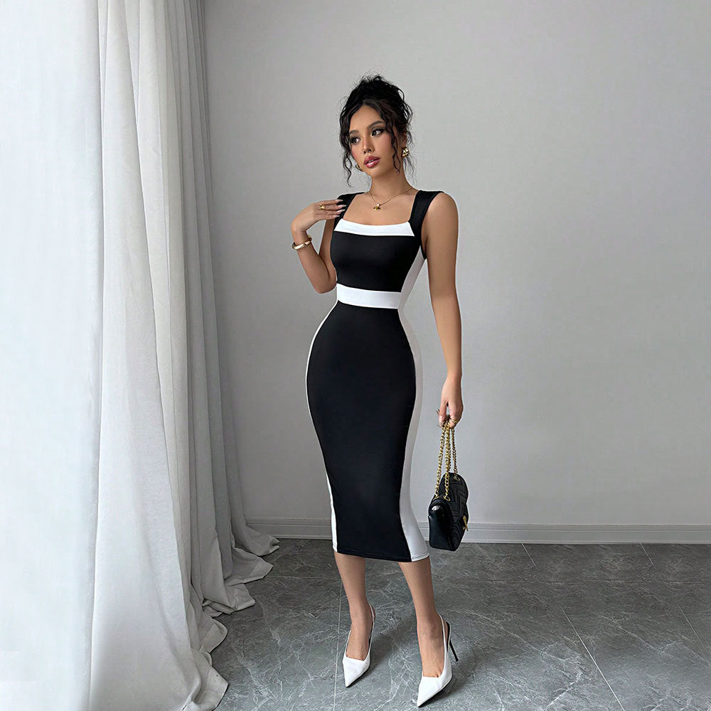 Figurbetontes Midi-Damenkleid mit elegantem Farbkontrast und schickem Ausschnitt, Größe [Größe fehlt]