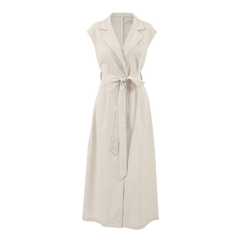 Valenzora | Long Dress Cotton Linen Blend High Waist Wrap Sleeveless Collared Design