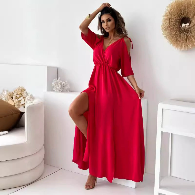 Valenzora | Satin Strappy Lace V-Neck Long Dress