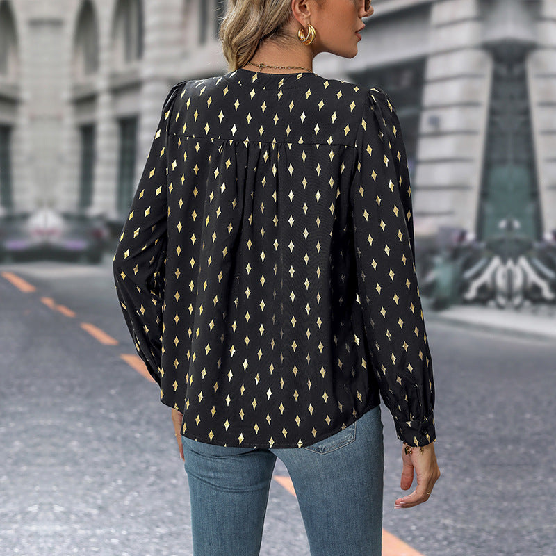 Women's blouse with an elegant V-neck and delicate ruffle details, size [size missing]