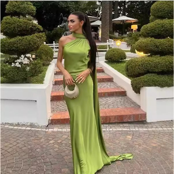 Women's elegant evening dress with a one-sided cape and sophisticated draping, size Valenzora
