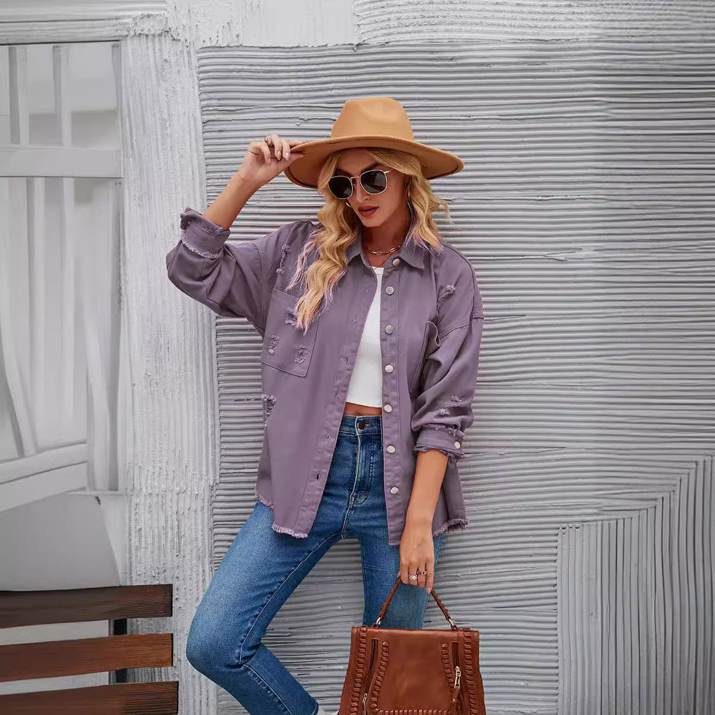 Women's denim shirt jacket in a casual oversized cut with fringed details, size Valenzora