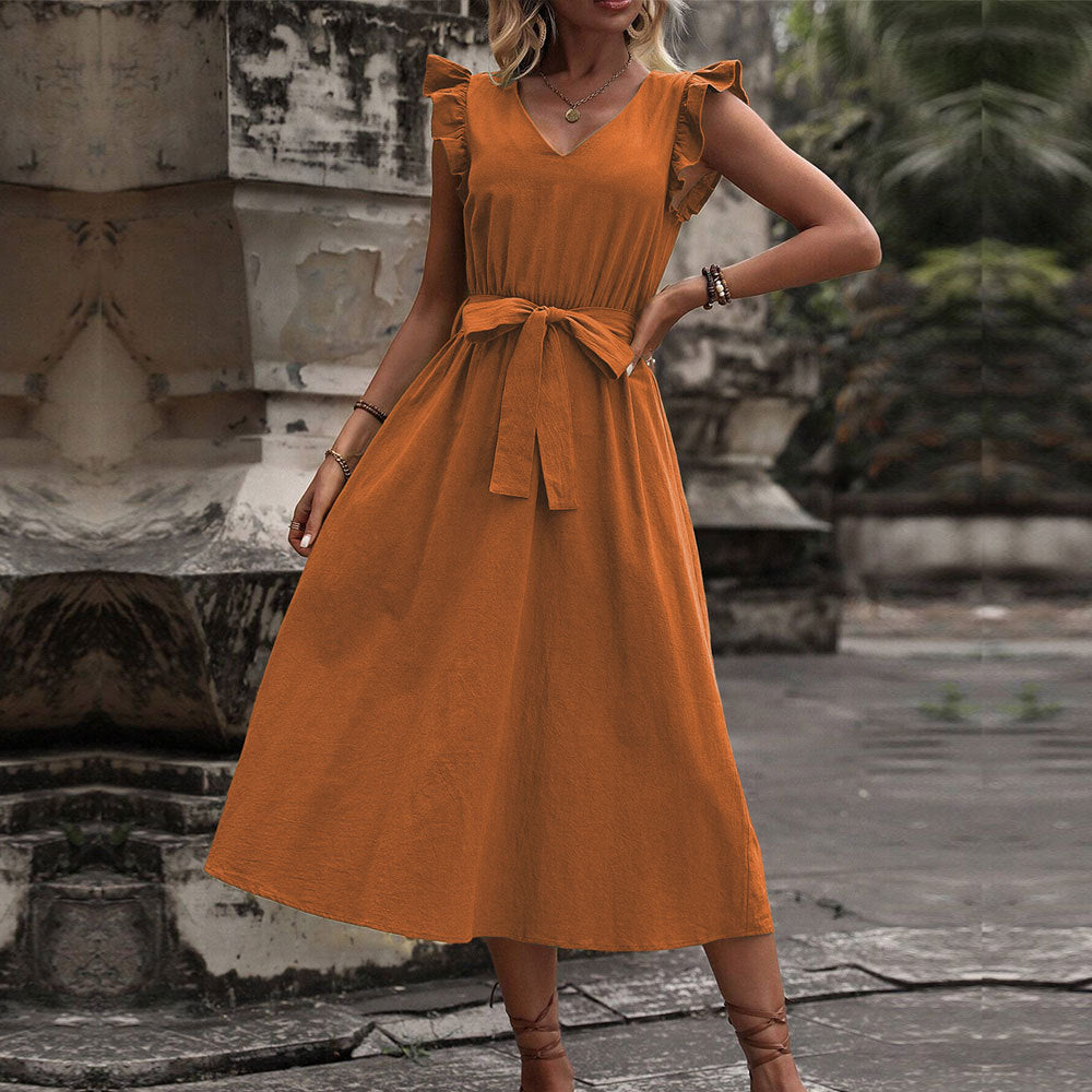 Women's midi dress with ruffle details and fitted tie belt, size