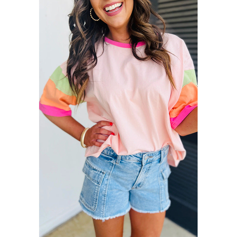 Women's casual T-shirt with colorful sleeves, size