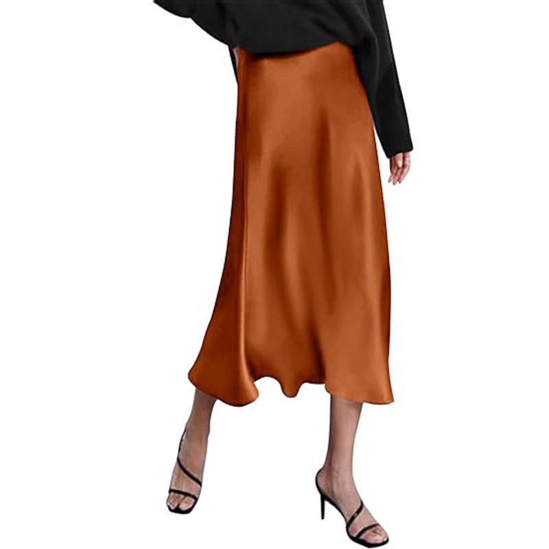 Women's elegant midi skirt in satin viscose with a flowing drape, size Valenzora