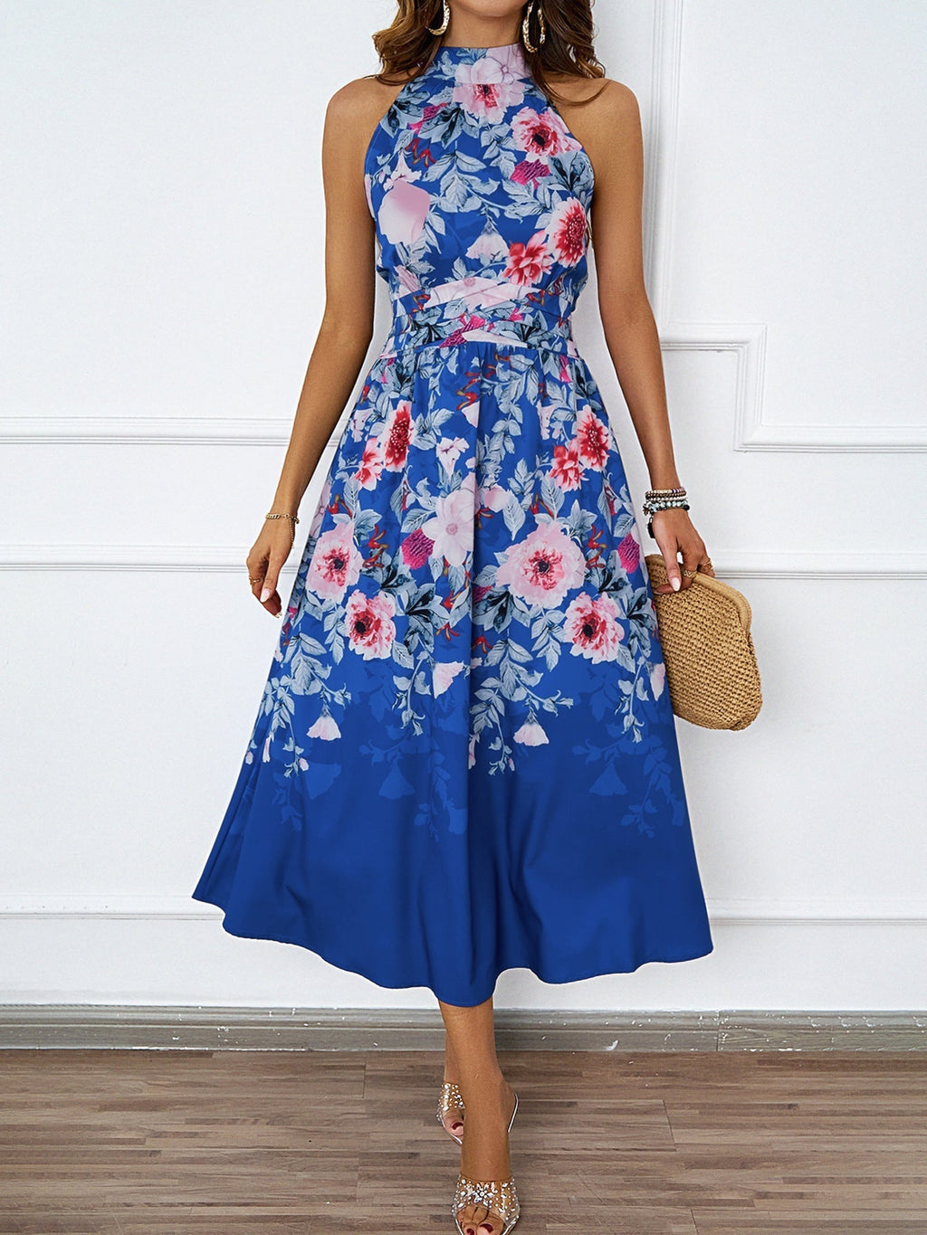 Damen-Midikleid mit Blumenmuster und asymmetrischem Saum, Größe