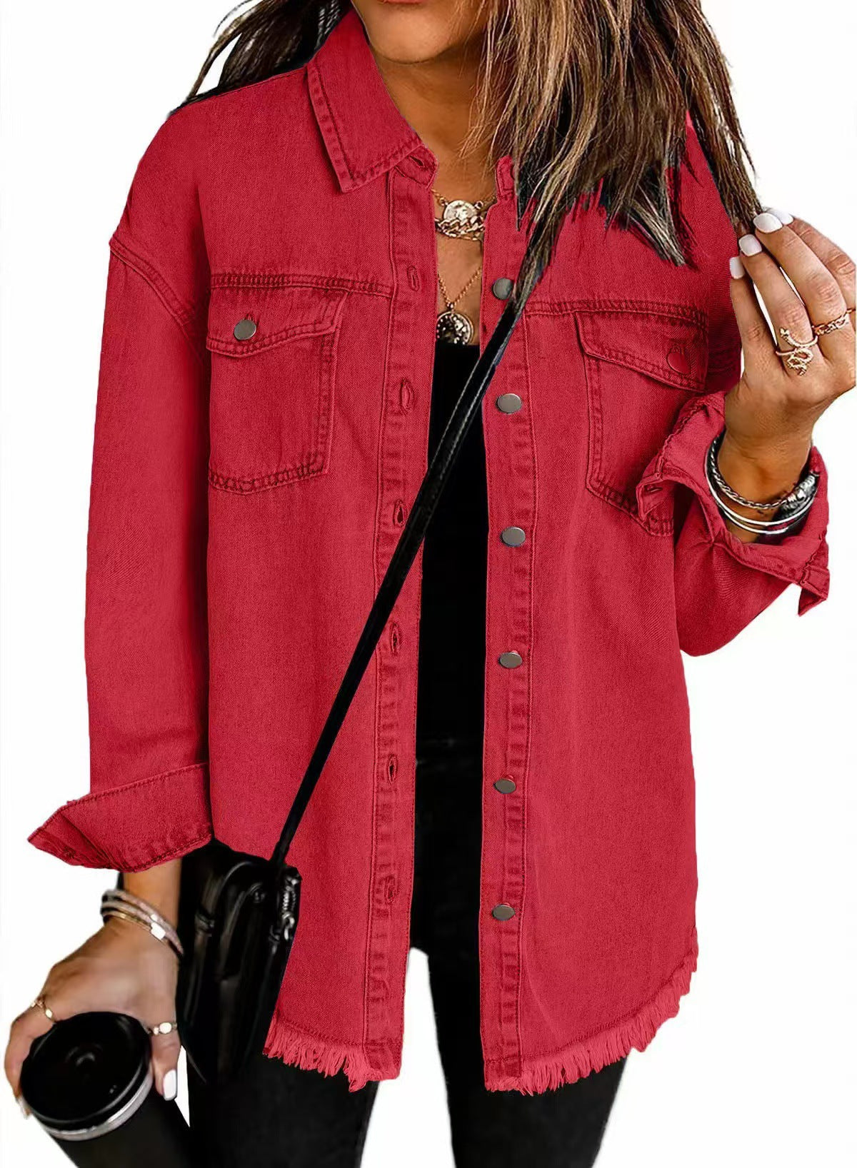 Women's Oversized Denim Shirt with Fringes, Size