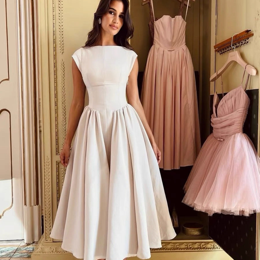 Women's A-line dress with elegant bustier top and swing skirt, size