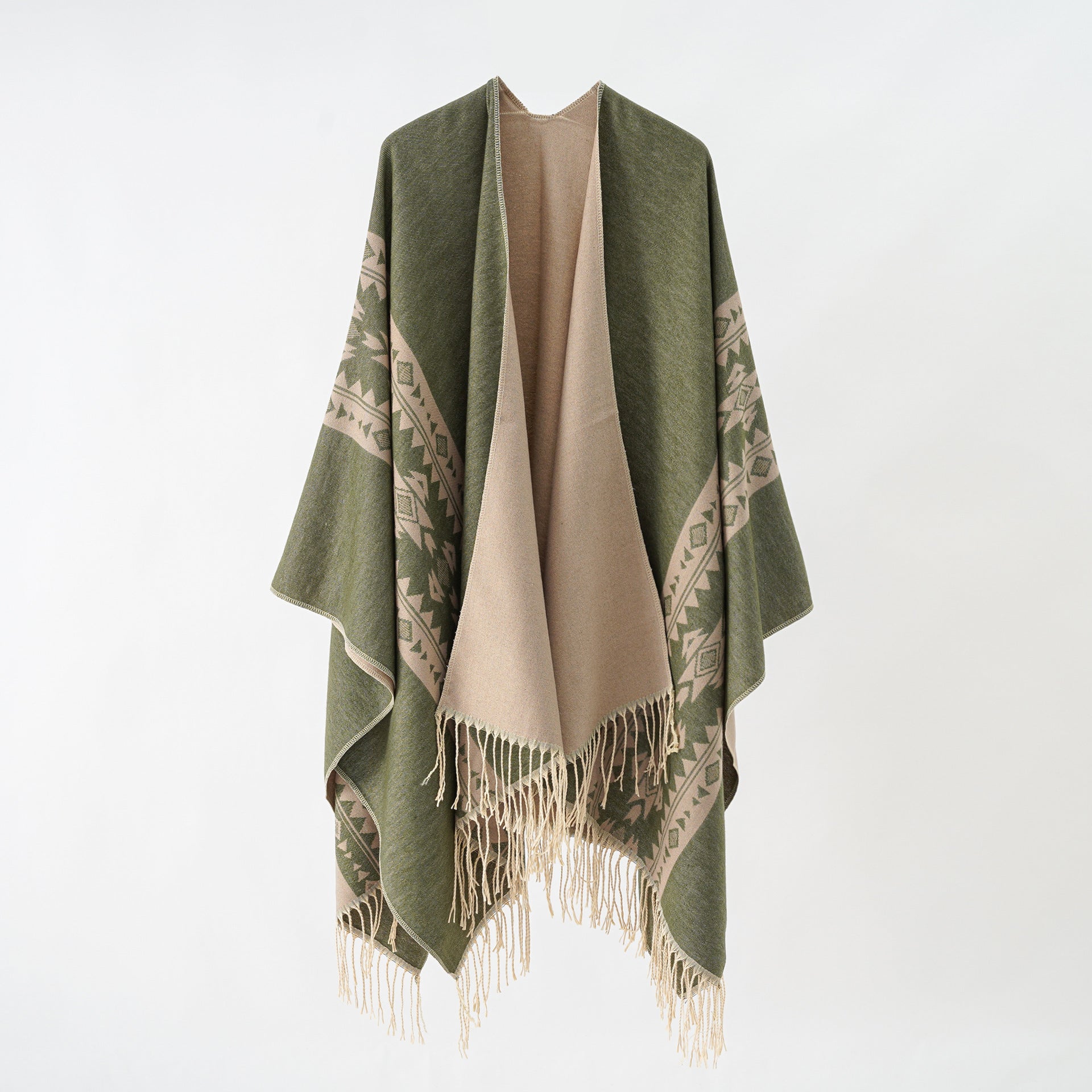 Women's elegant knitted poncho with artistic fringe and floral accents Valenzora