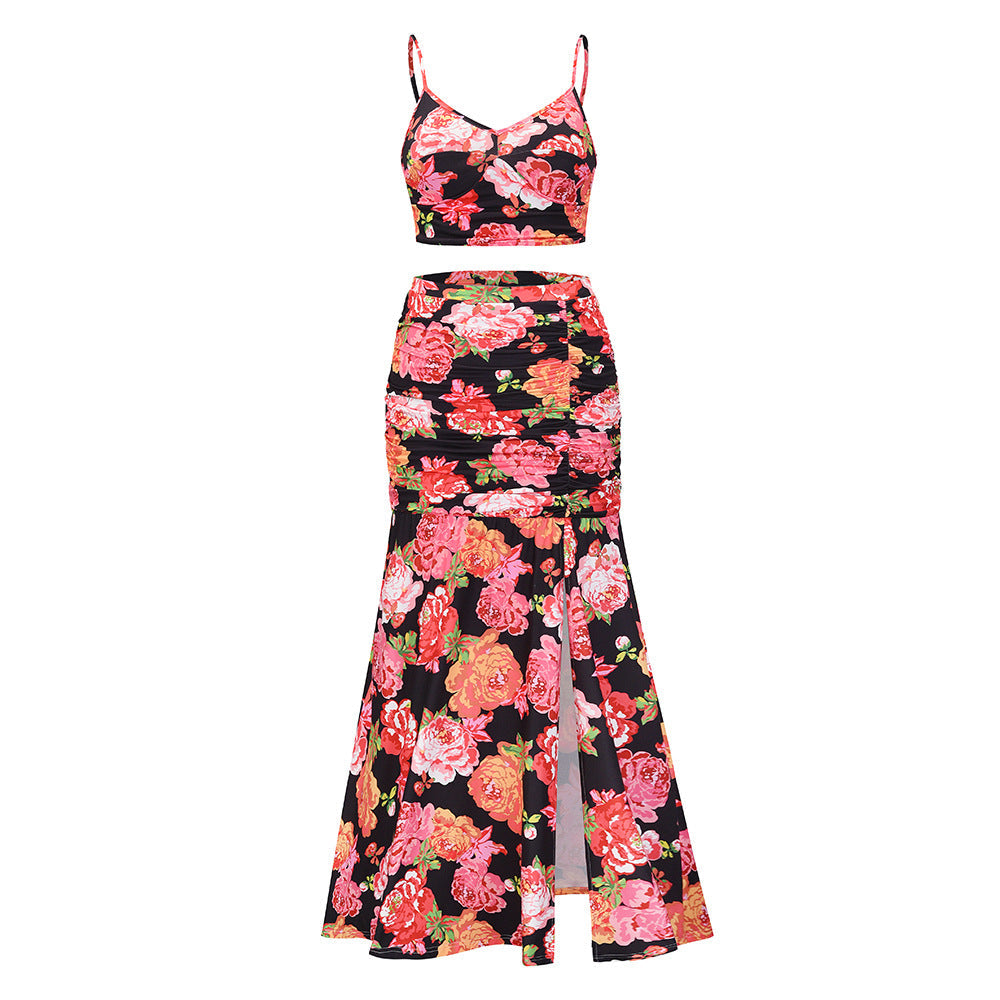 Valenzora | Spaghetti Strap Sleeveless Crop Top High Slit Long Skirt Set
