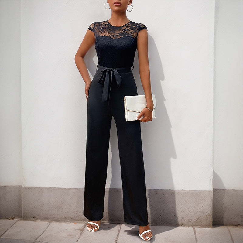 Women's jumpsuit with elegant lace top and adjustable belt, size S