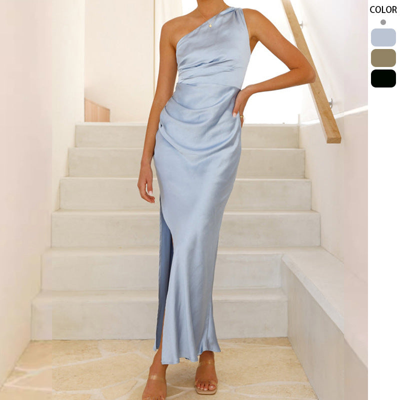 Women's sheath dress with asymmetrical neckline and flowing cut, size