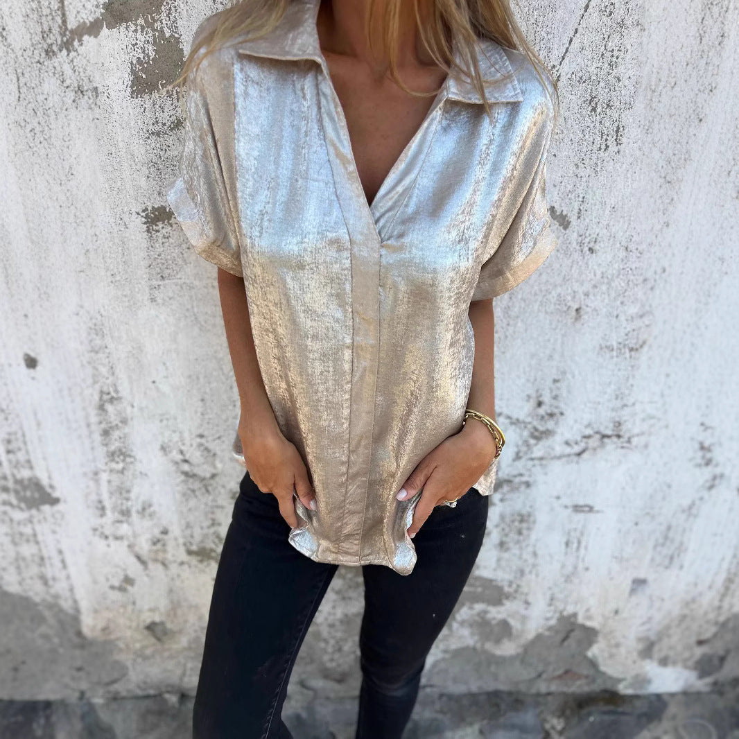 Women's short-sleeved silk blouse with elegant sheen and fashionable lapel, size S